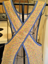Load image into Gallery viewer, Vintage Style No Tie Crossover Apron in Yellow and Blue Floral Calico in Large