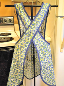 Vintage Style Crossover No Tie Apron in Blue and Yellow Floral size Medium