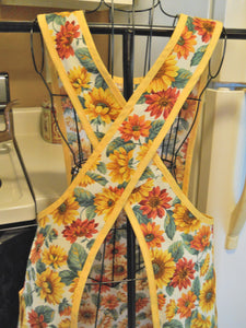 Old Fashioned Cross Back No Tie Apron with Sunflowers in XL