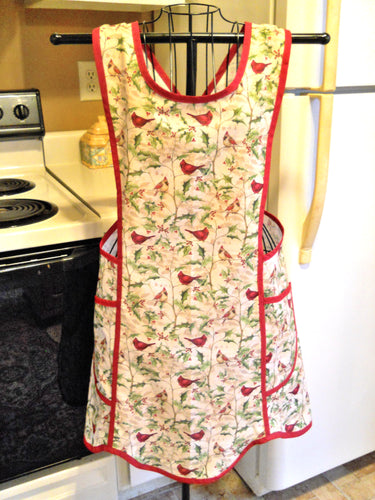 Christmas Crossover No Tie Old Fashioned Apron with Cardinals and Holly size Medium