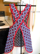 Load image into Gallery viewer, Crossover No Tie Old Fashioned Apron in Red White and Blue with Stars size Large