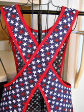 Load image into Gallery viewer, Crossover No Tie Old Fashioned Apron in Red White and Blue with Stars size Large