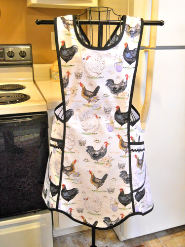 Vintage Style Crossover No Tie Apron with Roosters size Medium