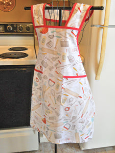 Old Fashioned Full Apron with Vintage Cooking Utensils in size Large