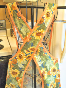 Fall Thanksgiving Old Fashioned Cross Back No Tie Apron with Sunflowers in XL