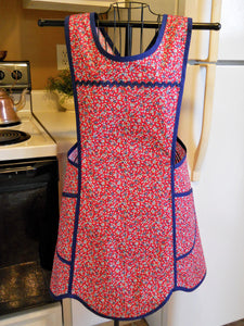 Old Fashioned Grandma Style Crossover No Tie Apron in Red and Navy Calico Floral Size XL