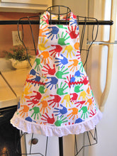Load image into Gallery viewer, Little Girl&#39;s Vintage Style Apron with Colorful Hands and Eyelet Lace in 5-6