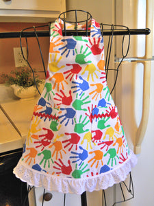 Little Girl's Vintage Style Apron with Colorful Hands and Eyelet Lace in 5-6