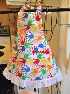 Little Girl's Vintage Style Apron with Colorful Hands and Eyelet Lace in 5-6