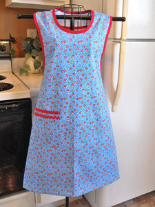Old Fashioned Grandma Style Blue and Red Floral Apron in Medium
