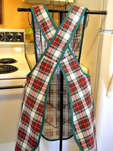 Christmas Plaid Rustic Style No Tie Crossover Apron in Red and Green Tartan Plaid in Large